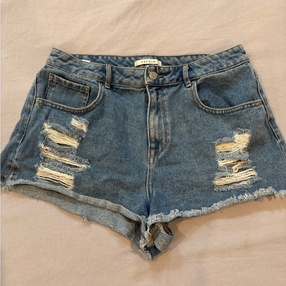 PacSun Blue Distressed Jean Shorts with Frayed Hem